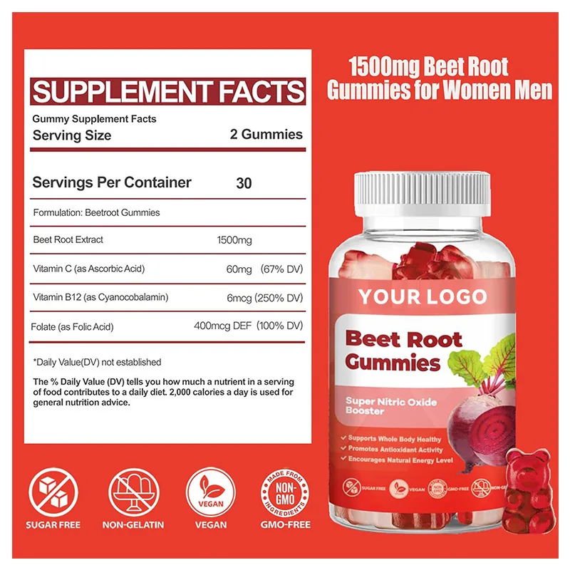 Support Healthy Circulation Energy Nitric Oxide Booster Beet Root Gummies with Vitamin B12 C