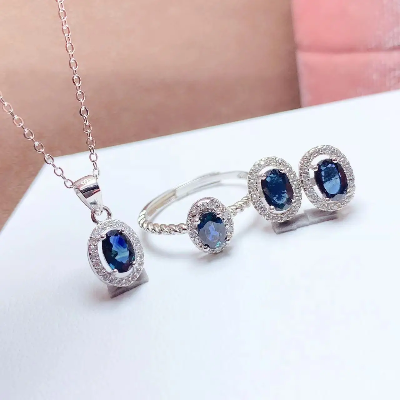 Factory Wholesale Indian Bridal 925 Sterling Silver Wedding Natural Sapphire Necklace Jewelry Sets