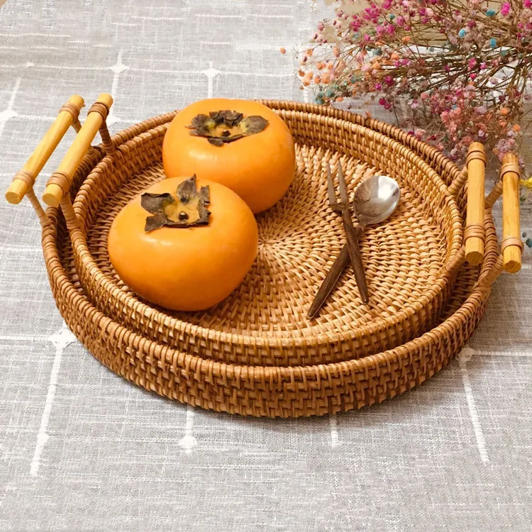 Decor Storage Food Storage Holders & Racks Rattan Tray Wooden Handle Real Bamboo Handmade Natural Round Food Container 5-7 Days