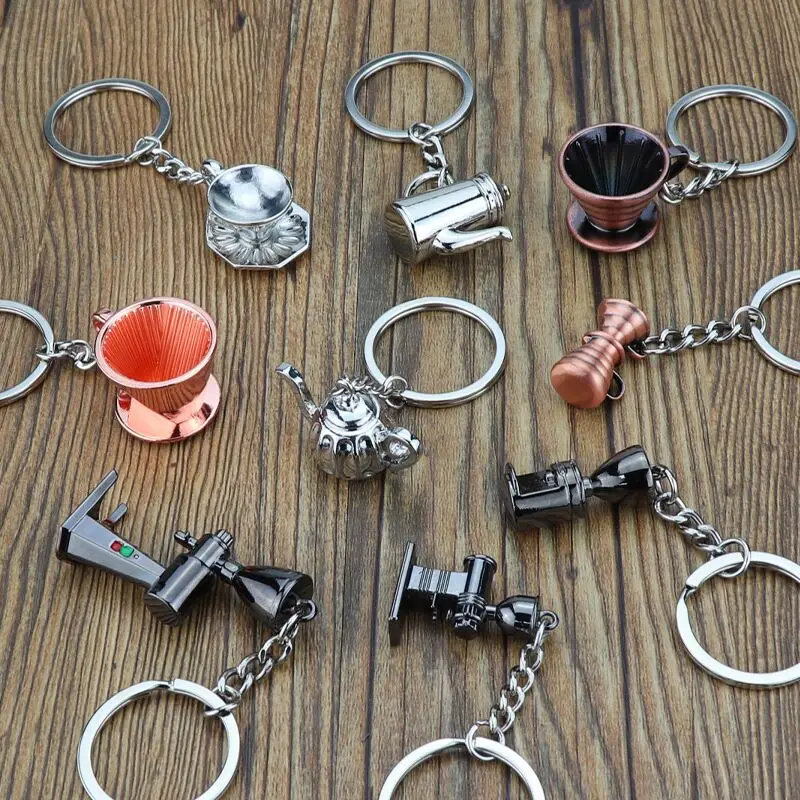 2022 Custom Zinc Alloy Coffee Accessories Key Chain Milk Pitcher Grinder Kettle Coffee Tools Design Keychain
