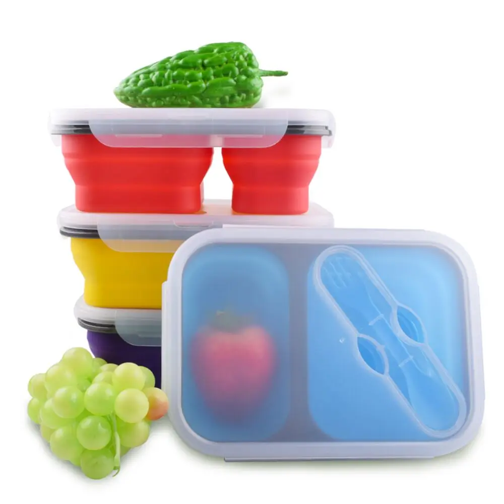 Good Quality  carry-all lunch box Eco-friendly 4 Color 2 Cavity Silicone Food Container