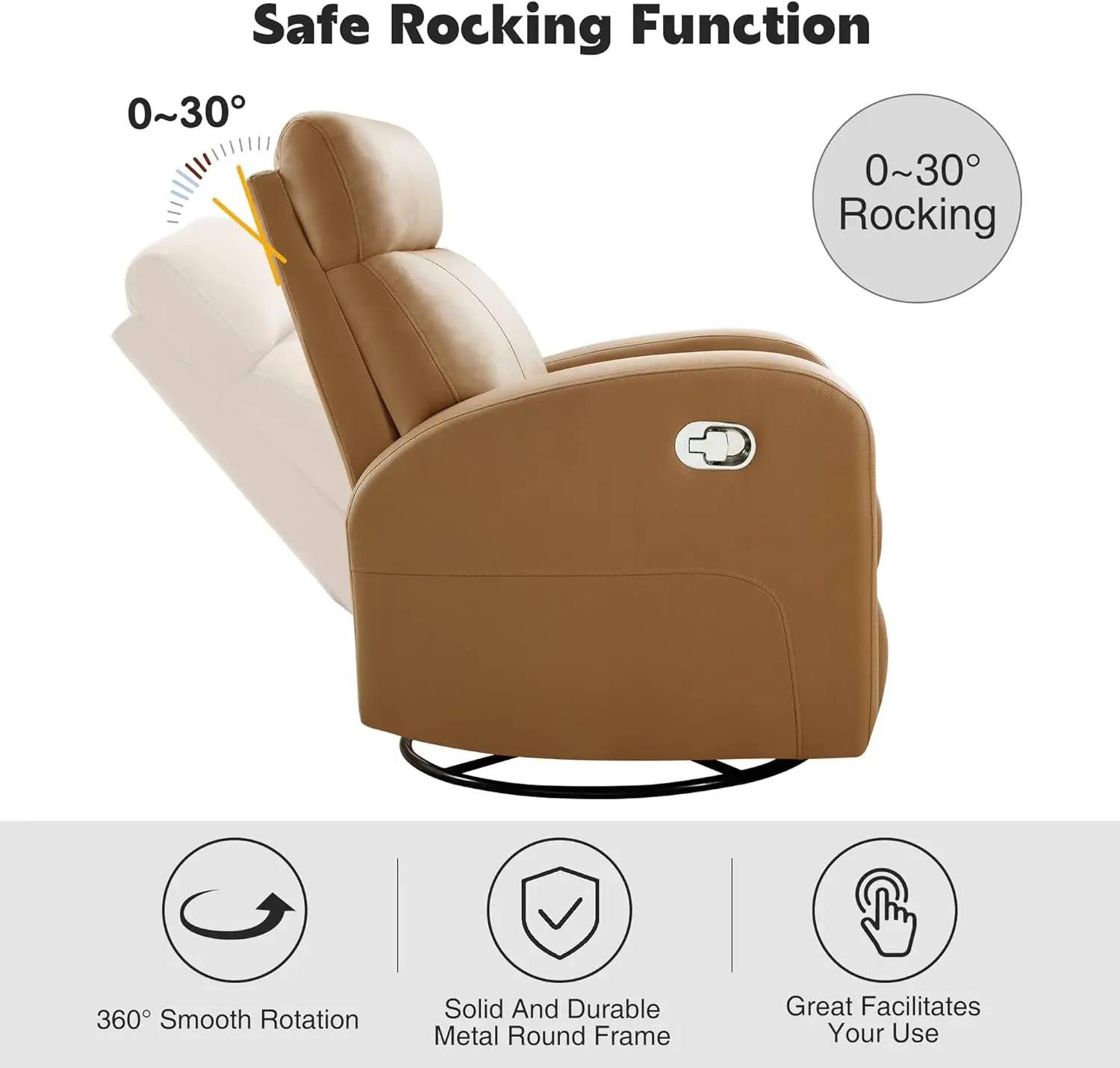 Swivel Rocker Recliner Chair, Manual Glider Rocking Recliner Chair, 360 Nursery Recliners Swivel Reclining Chair Pu Leather Wood