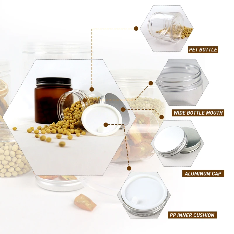 Factory Direct Sale Honey Cookie Dry Food Jar With Lid 2oz 3oz 4oz 5oz 8oz 500ml 1000ml Clear PET Spice Transparent Plastic Jar