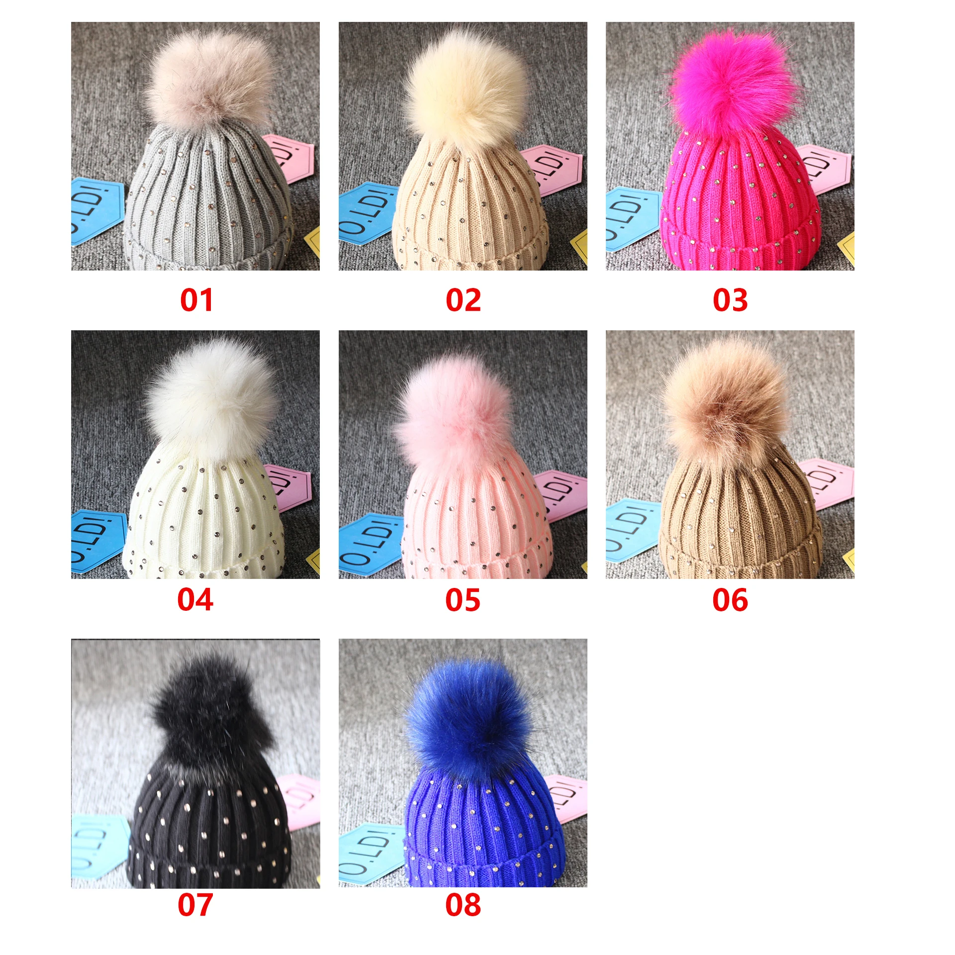 New Arrive Baby Glisten Pompom Ball Beanie Hat Winter Warm Kids Rhinestone Hats Knitted Toddler Sequins Pom Pom Beanies