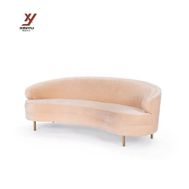 Velvet Upholstery Curved Silhouette Settee Gold Legs Soft Sofa For Wedding Event