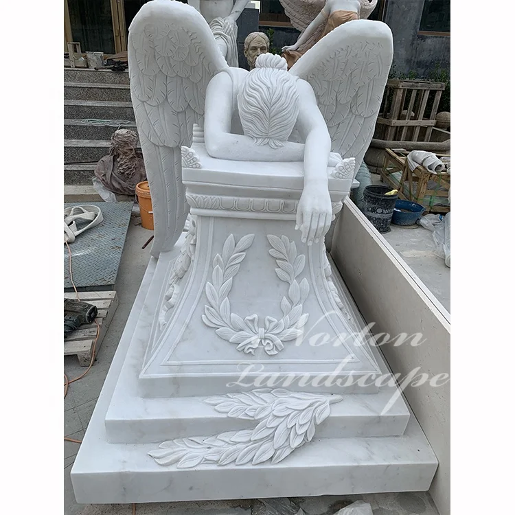 Outdoor Large Stone Angel Statue White Marble Weeping Angel Headstone And Tombstone For Grave