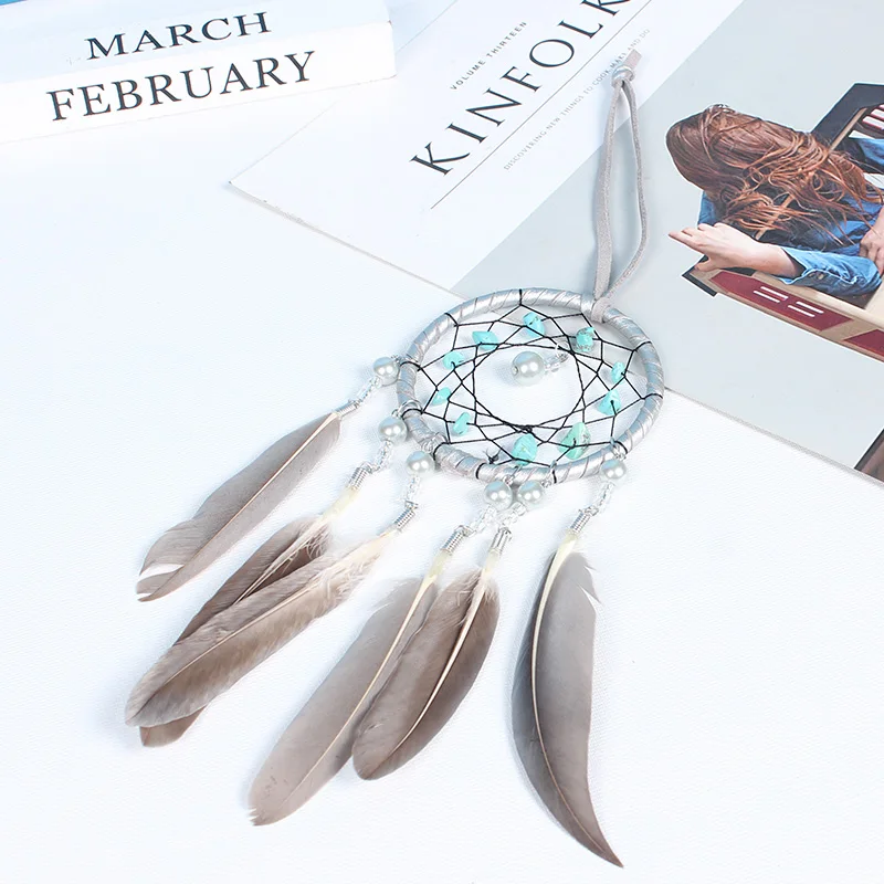 Hot Sale Handmade Crafts Mini Dream catcher 7.5CM Rings for Car Pendant and Bag Hanging Gray Feather India Style Dream Catcher