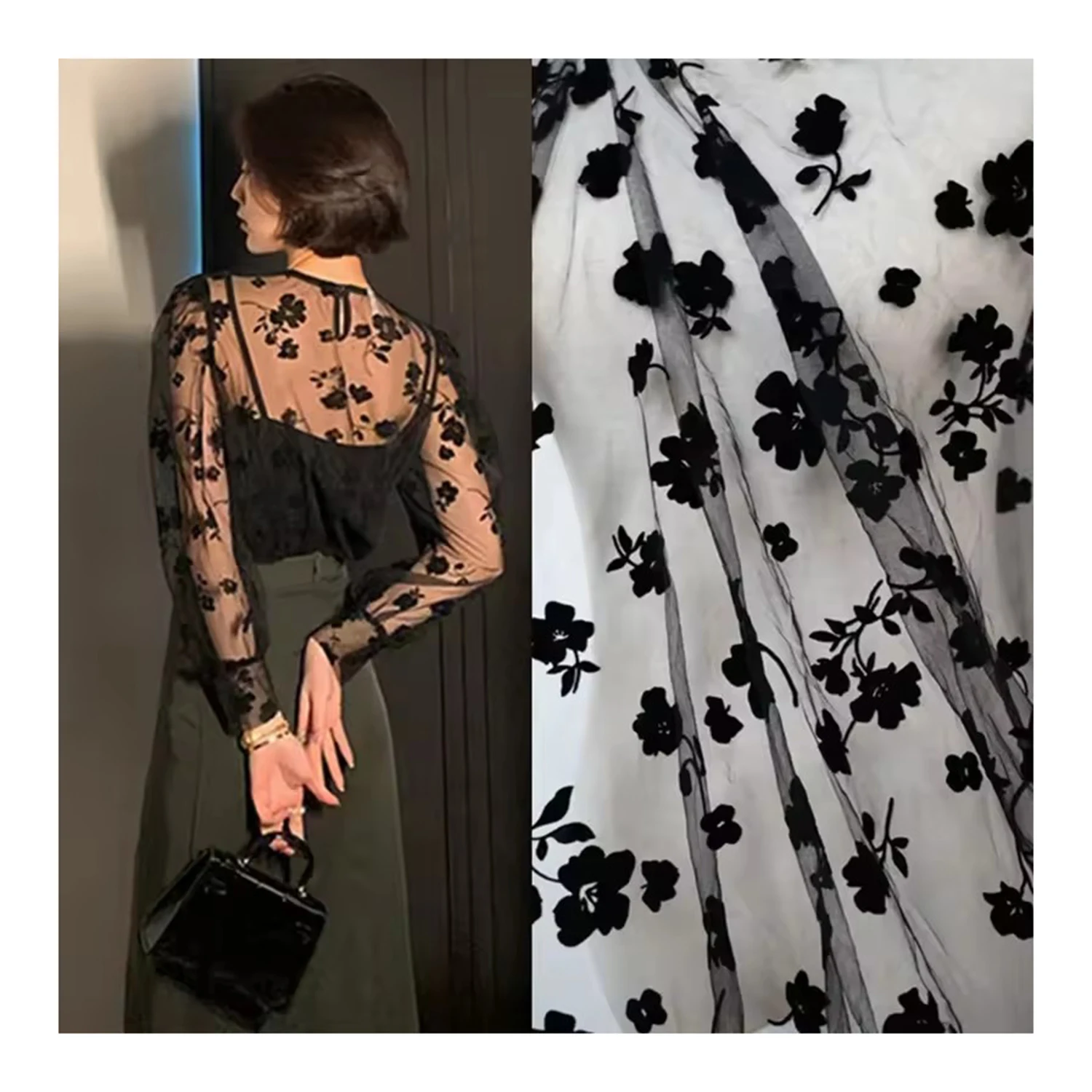 LST009 Sexy Black Flowers Flocking Mesh Fabric Custom Florals Flocked Mesh Tulle Fabric