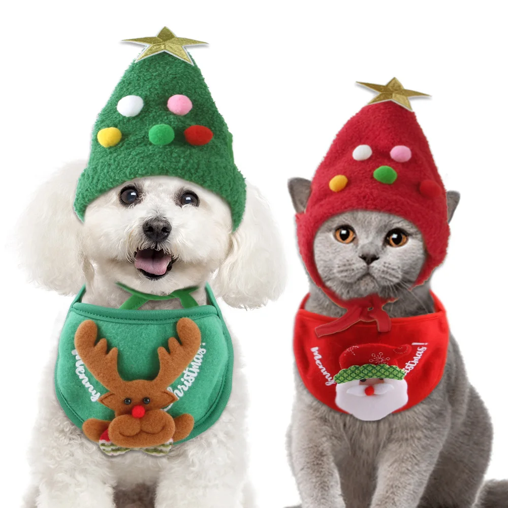 Manufacturer pet hat saliva towel dog christmas hood christmas tree shape cat saliva towel set