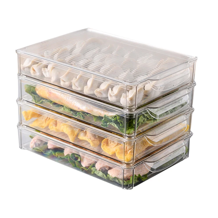 
Plastic Free-grid Transparent Food Organizer Holder Tray Boxes Refrigerator Dumplings Storage Box With Lid 