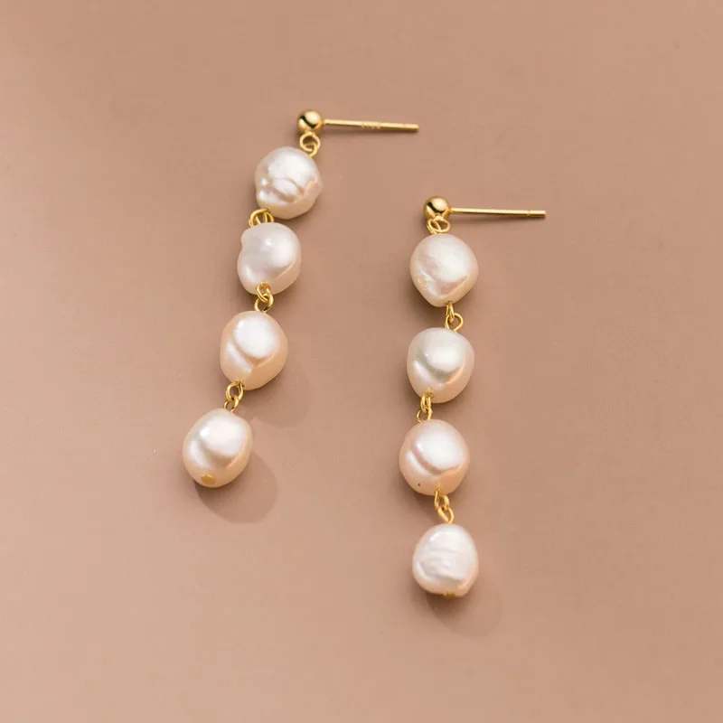 925 Sterling Silver 18K Gold Plated Handmade Baroque Freshwater Pearl Tassel Dangle Earrings For Girls