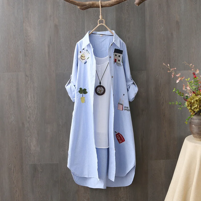 Loose Long Shirt Women Cotton House Embroidery Long Sleeve Plus Size M-3XL White Shirt Blouse Tops Outwear