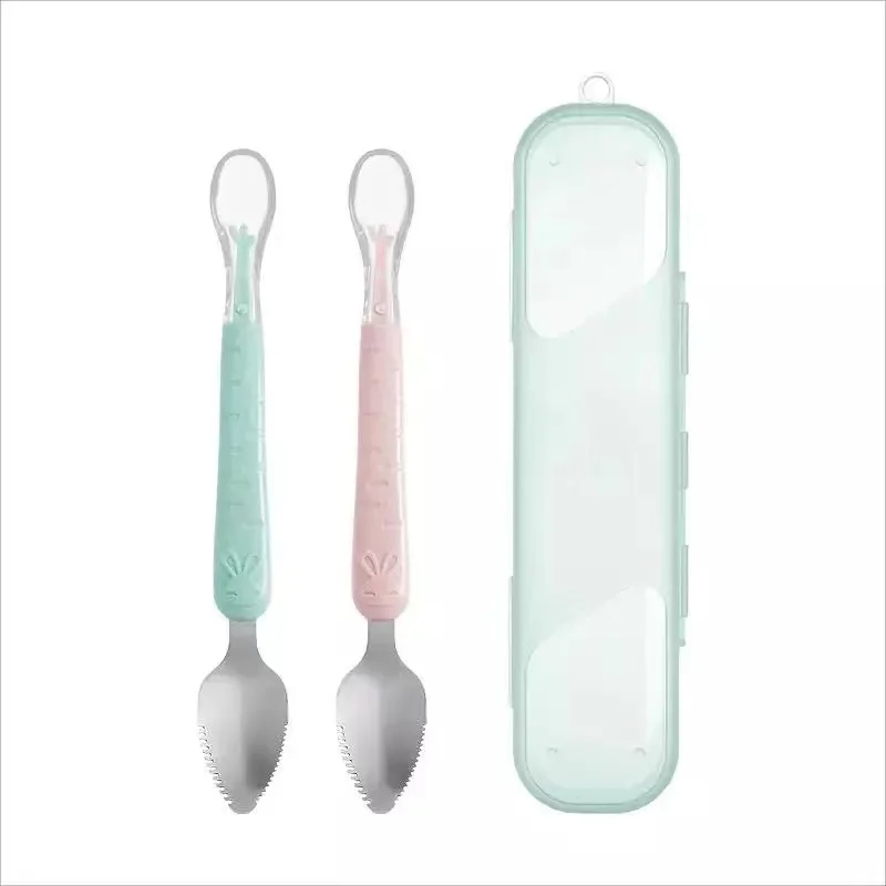 Wholesale Kids Dining Set Spoon Double Head Silicone Stainless Steel Baby Food Spoon Can Scrape Fruit Puree BPA Free 100%