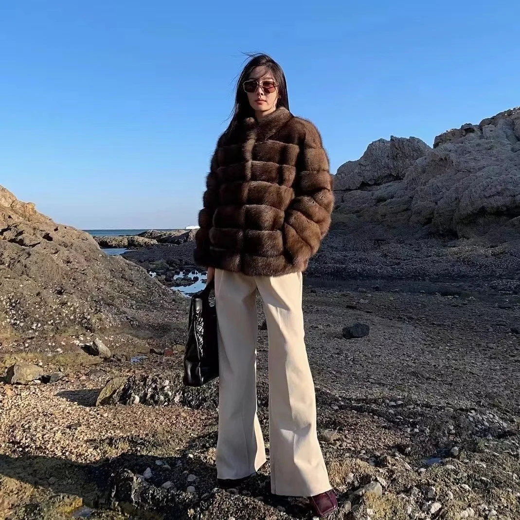 Winter Luxury Russia  New Purple Sable High Grade Sable Fur Jacket Winter Thickened Warm Fluffy Sexy  Stand Collar Faux fur coat