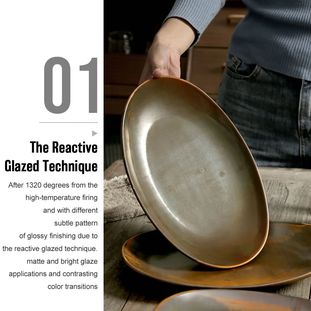 Factory Direct Wholesale Matte Color 12 Inch Rustic Ceramic Fish Tableware Plates Porcelain Oval Dinner Plate For Restaurant