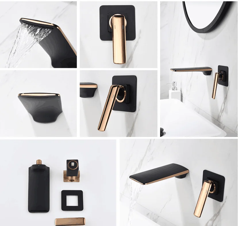 Bathroom Black Gold Mixer Taps Wall Mounted Waterfall Basin Faucet Watermark Wels Factory Price