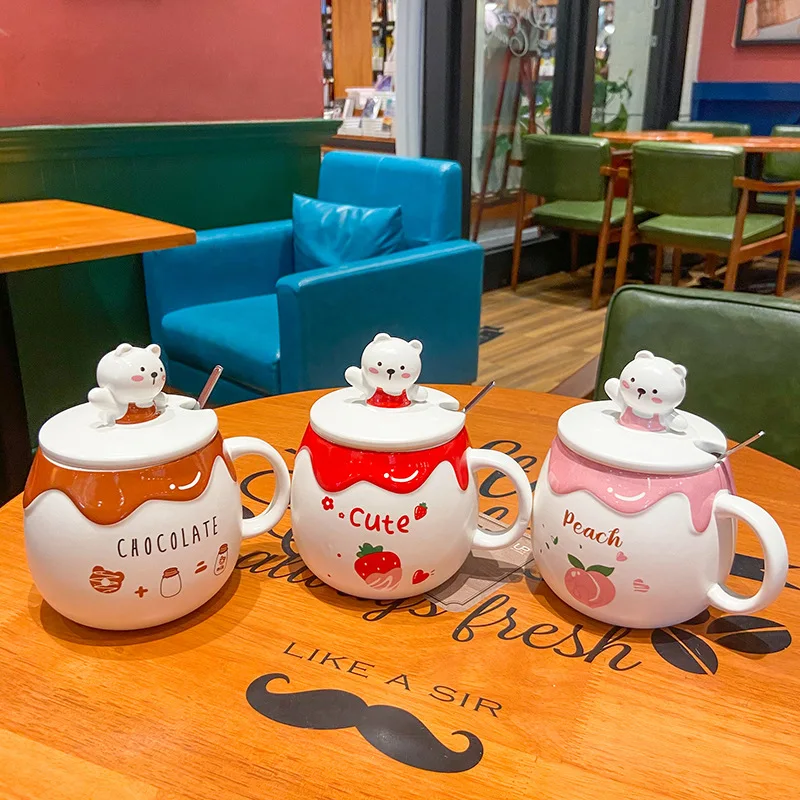 600Ml Cute Cartoon With Spoon Lid Kawaii Milk Tea Tumbler Gift Bear Mug Ceramic Coffee Cup