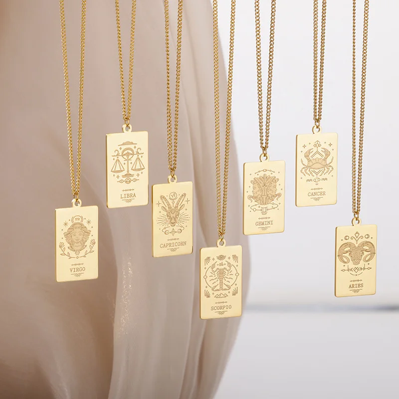 Stainless Steel 18K Gold Plated Necklaces 12 Horoscope Engraved Zodiac Tarot Cards Stamp Square Pendant Necklace Women Jewelry