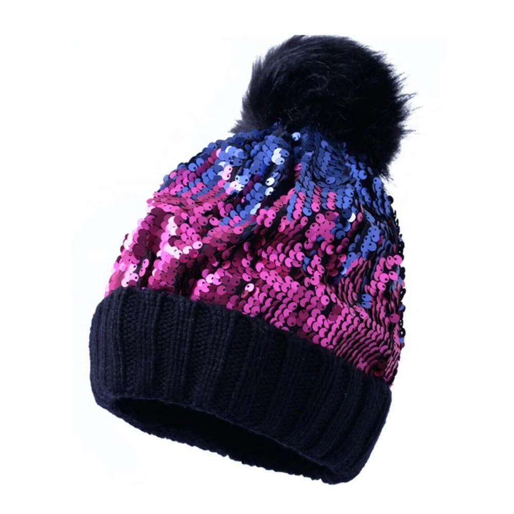Custom Womens Beanie Hat Spangle Bling Knit Winter Beanie Women Pom Pom Bobble Hat Winter Hats For Women Beanie