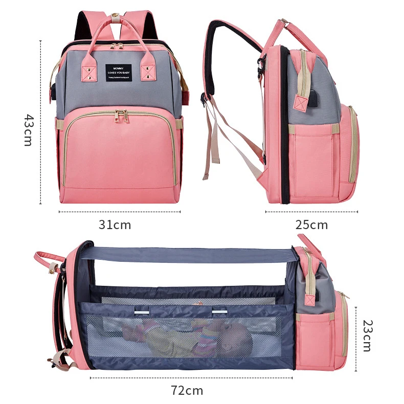 Large capacity foldable Oxford multi function pink grey diaper bag custom with changing station usb