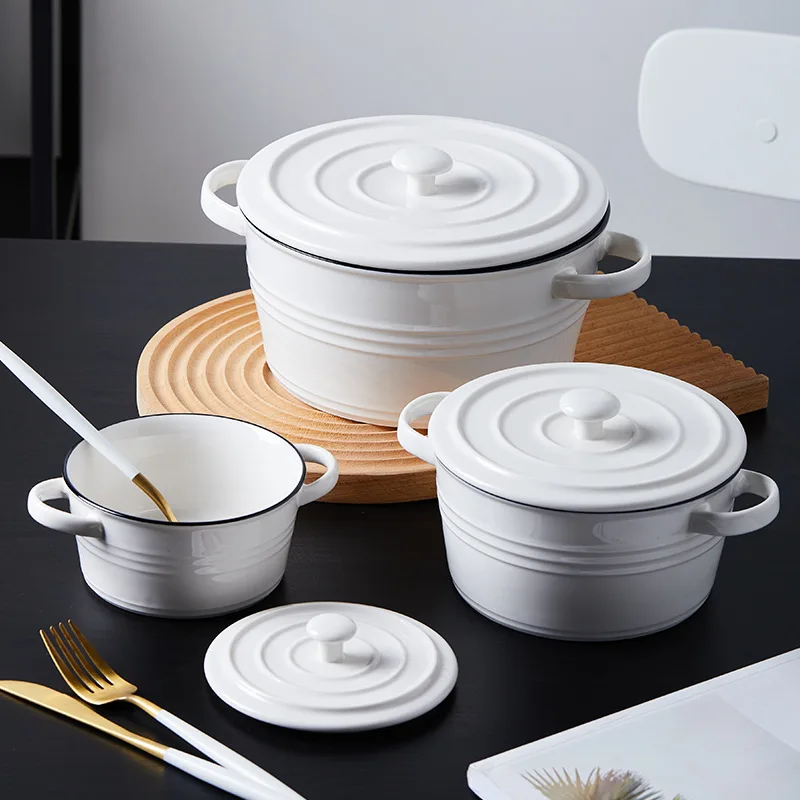 Nordic Brief Style Ceramic Soup Bowl Casserole Handle And Lid Anti Scald Breakfast Oatmean Dessert Salad Ramen Bowl Dinnerware