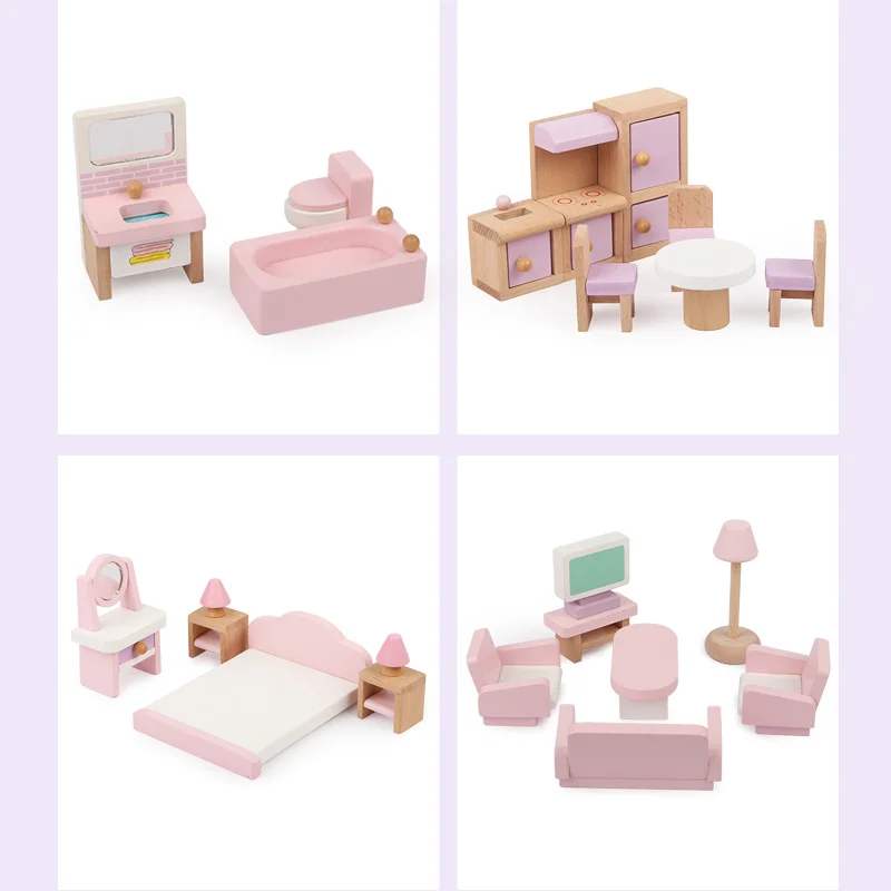 Wood Doll House Furniture Small Toys 22 Pcs Wooden Miniature Furniture for kids