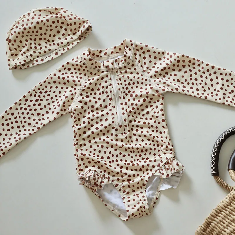 Long Sleeves Sun Protection Zip Front Adjust Up And Down Children Swimsuit With Hat Small Spots Leggy Look Bikini Girl Swimwear