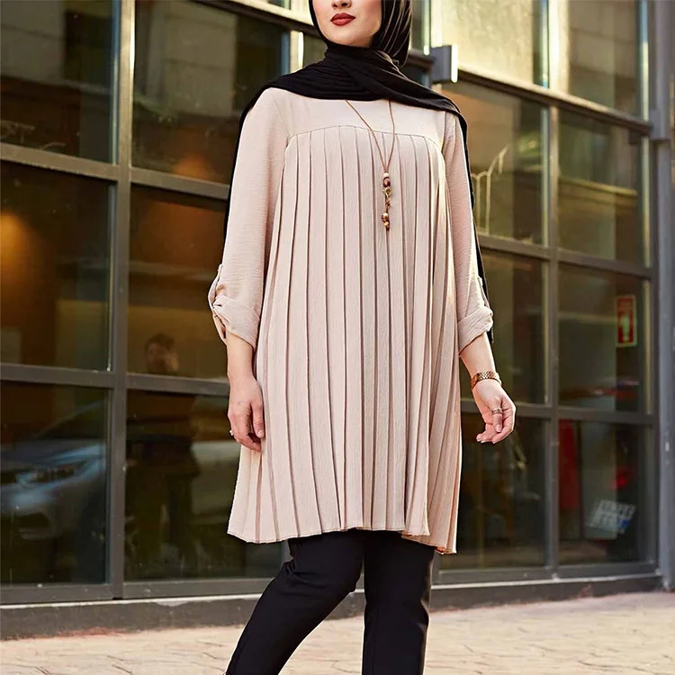 New Summer Muslim Multicolor Pleated Loose Islamic Clothing Women Modest Blouses Chiffon Long Shirts For Women Muslim