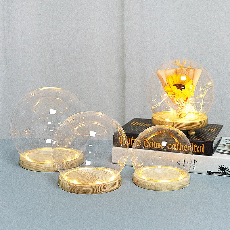 Hot Sell Flower Eternal Rose on the Luminous Display Borosilicate Glass Dome Cloche Candle Bell Jar with Wooden Base