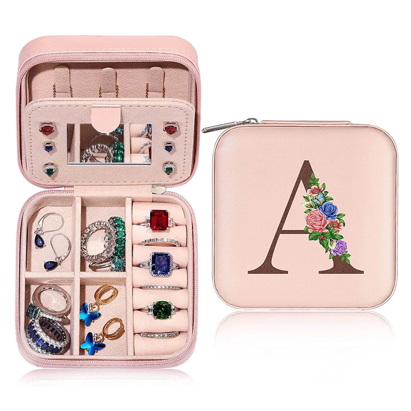 26 Initial Letter Flower Jewelry Organizer Box with Mirror for Women Birthday Gifts Small Travel Jewellery Storage Case
