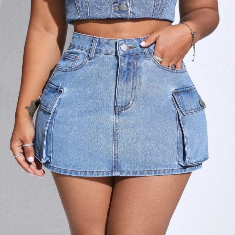 Custom Women Cargo Skirts Fashion Mini Short Jean Skirts Body-con Low Waist Denim Skirt with Pockets Casual
