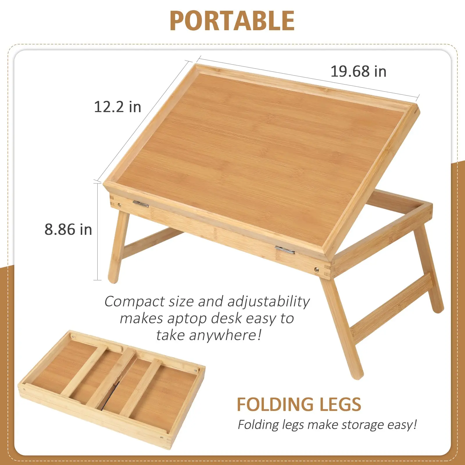 Bed Table Wooden Laptop Stand With Handles Folding Legs Small Table Bamboo Breakfast Food Tray With Media Slot Table For Laptop