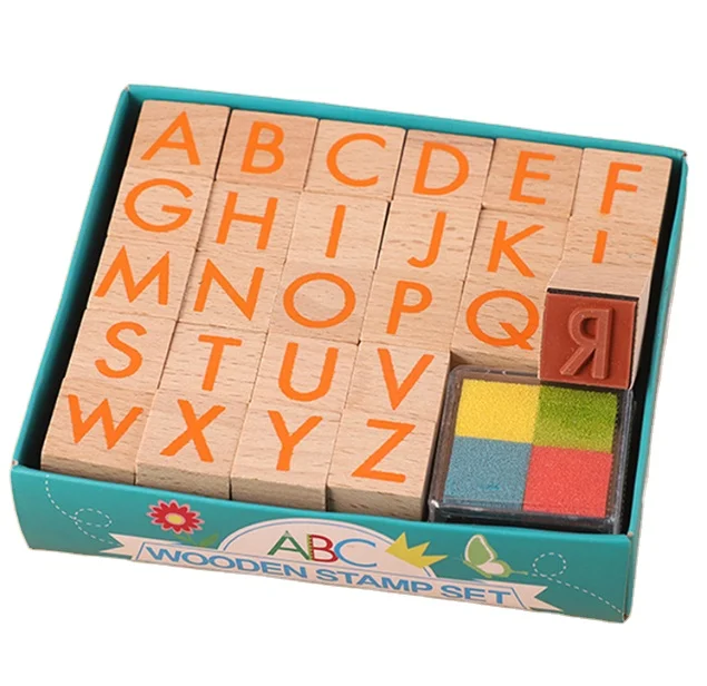 Children DIY stamp  toy  26 letters  Craft Ink Pad wood Stamps Printing package set  for Kids Scrapbooking