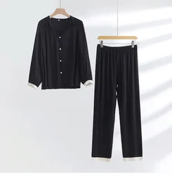 Soyal Spring Fall Satin Drill Lounge Wear Pajamas Set, Autumn Luxury Collarless Long Sleeve Women Pajamas Suit