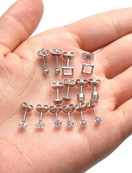ZF Tiny Stud Earring 316L Stainless Steel Geometric Heart Cross Star Moon Ball CZ Butterfly Back Earrings Stud Fashion Jewelry