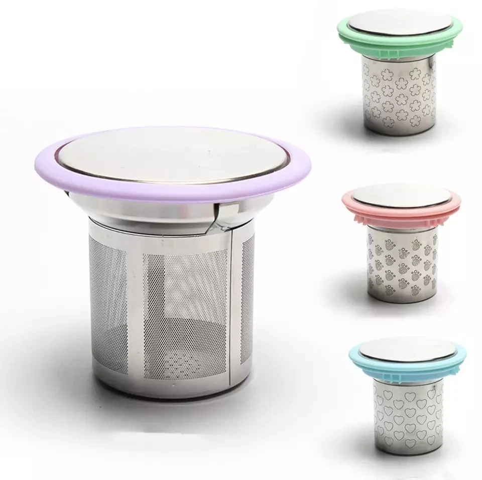 Laser Engraved Logo Stainless Steel Loose Leaf Tea Strainer Stepper Extra Fine Tea Infuser Basket with Silicon Rim and Lid