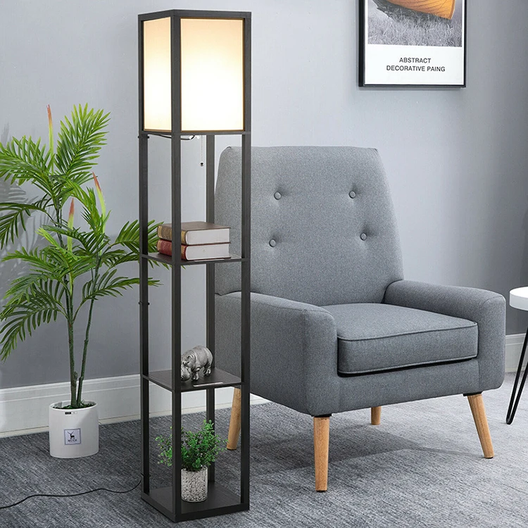 Cheap Modern Luxury Floor Lamp with Shelf White Lampshade Wooden Floor Lamps For Living Room Bedroom Hotel Office Classic Black