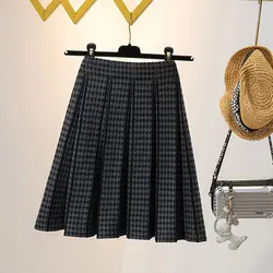 Knitwear manufacturers custom thousand bird grid pattern high waist slim oversize korean fashion knitted pleated mini skirt set