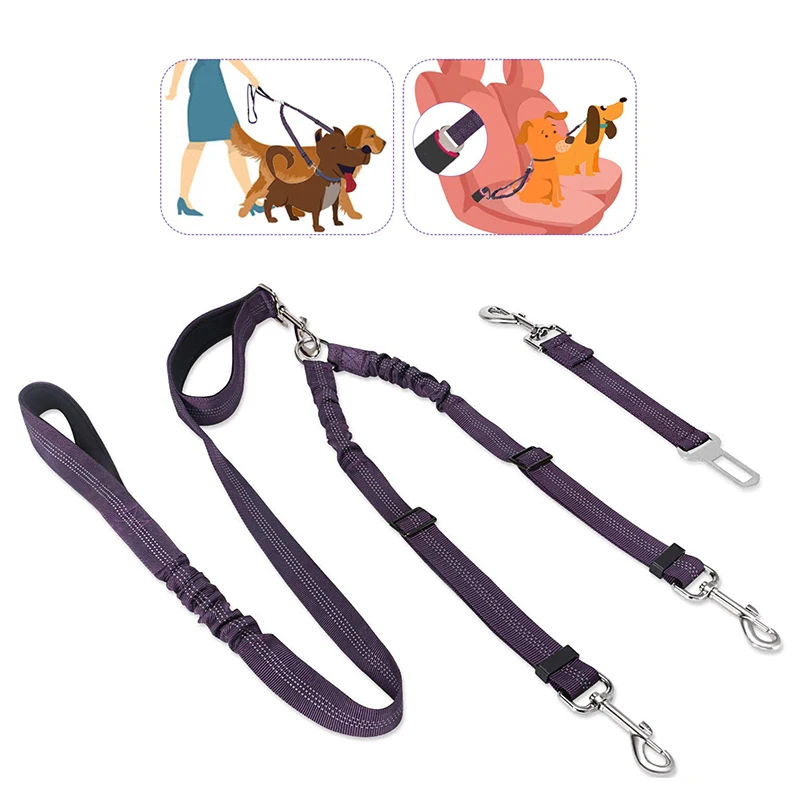 2 in 1 Double Dog Leash Car Seat Belt 360 Degree Swivel Dog Lead and Vehicle Safety Seat Belt Reflective Elastic Bungee