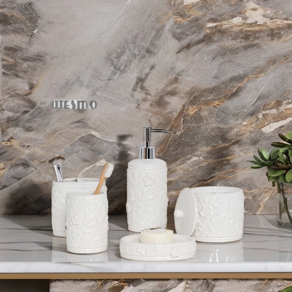 Modern Carve Flower Designs Bathroom Decor Luxury Porcelain Bath Items 5 Pcs Ceramic Bathroom Set