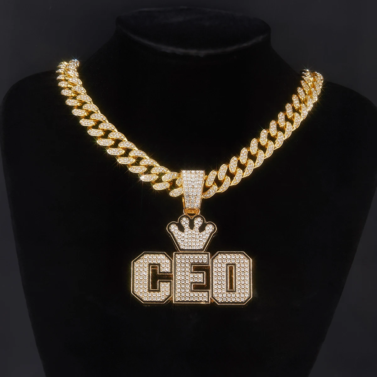 1Pc Hip Hop Crown CEO Letter Pendant Necklace, Miami Cuban Chain, Rock Band Jewelry Gift For Men And Women