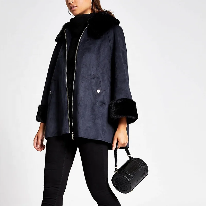 
 Оптовая продажа, индивидуальная женская зимняя теплая темно-синяя замшевая элегантная красивая куртка-накидка из искусственного меха, дешевая цена от китайского производителя  