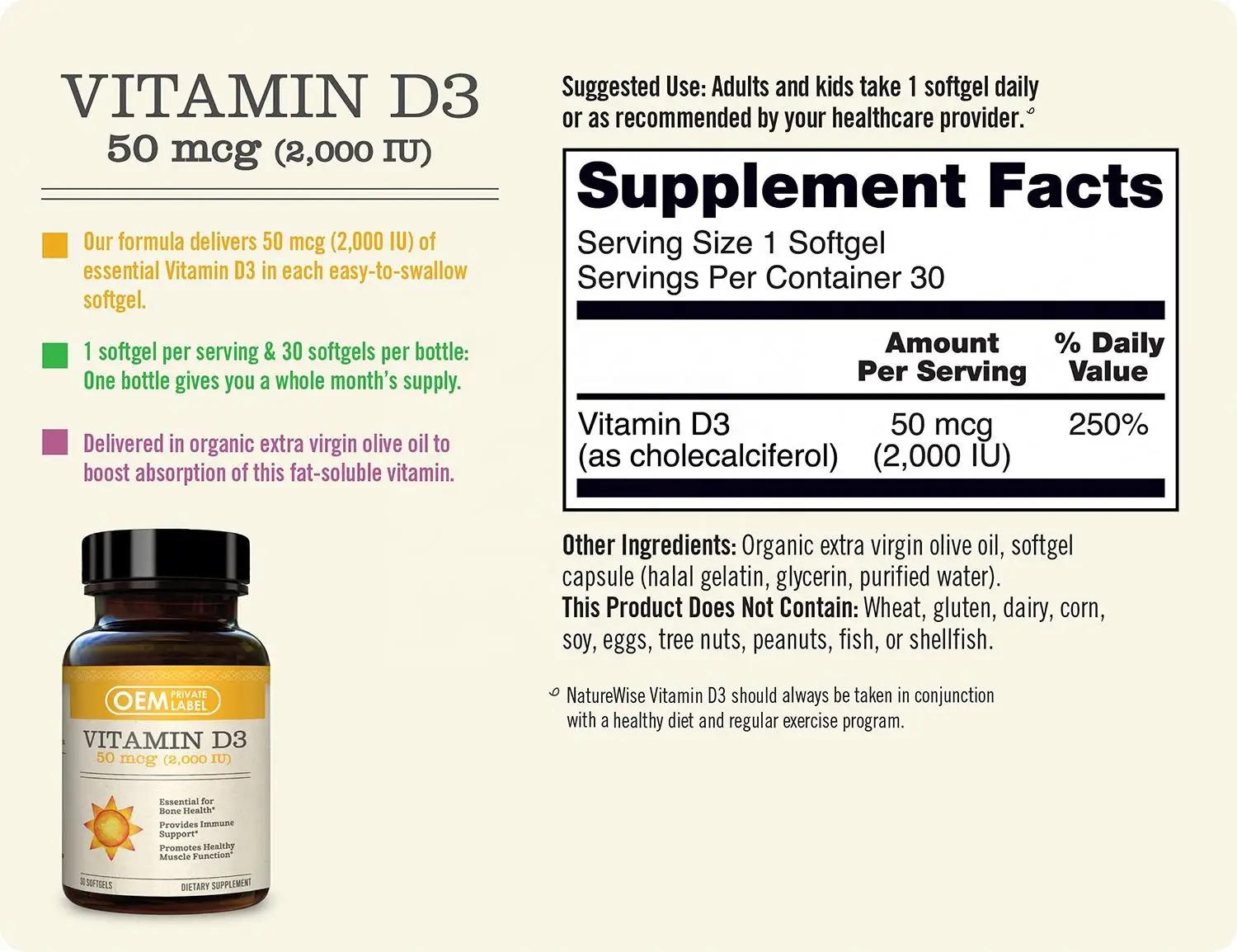 OEM 30s Vitamin D3 capsules Vegan for Healthy Muscle and Immune Support Non-GMO Gluten Free in Cold-Pressed Olive Oil vitamin D3