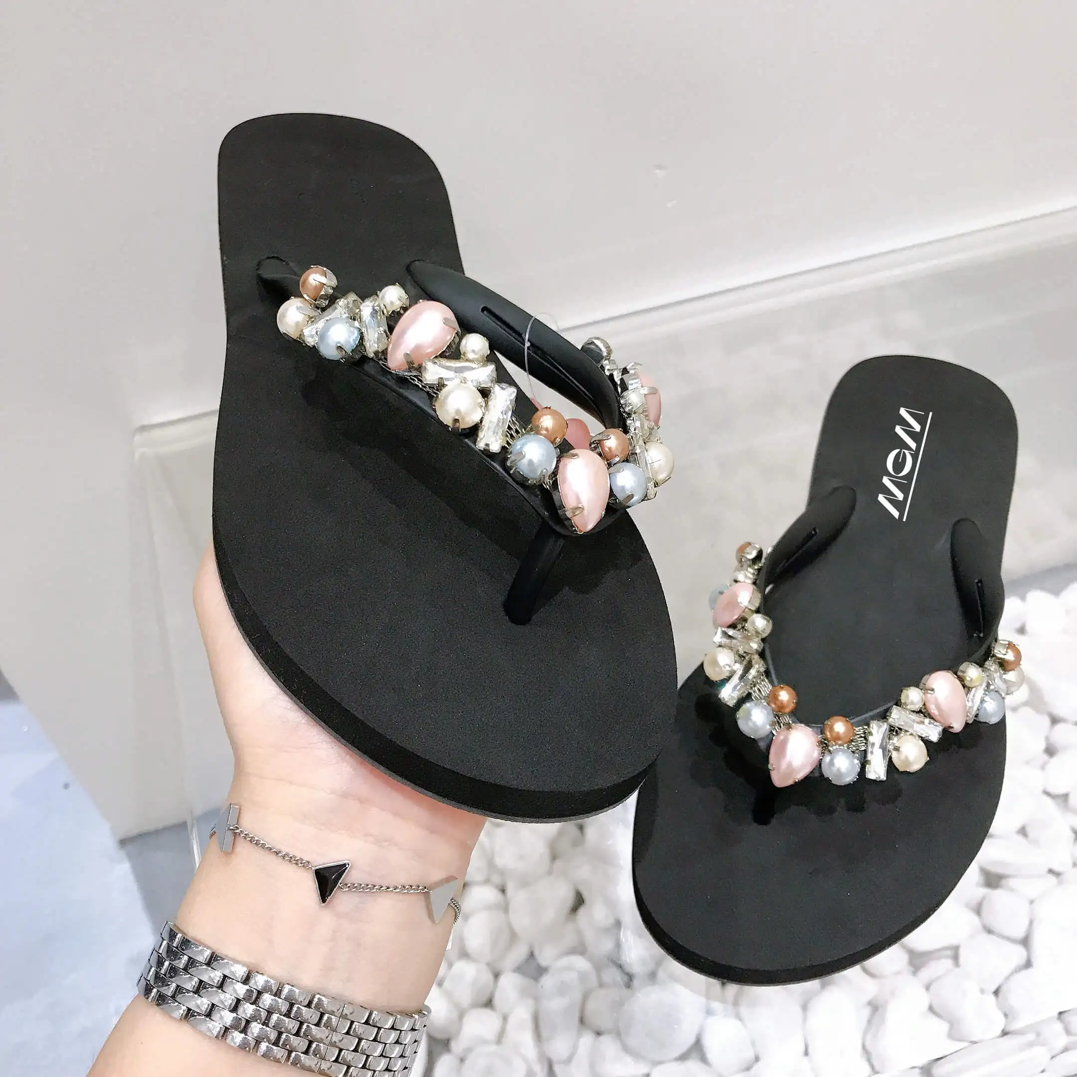 New bead diamond flip flops slippers with rhinestones colorful beads beach sandals