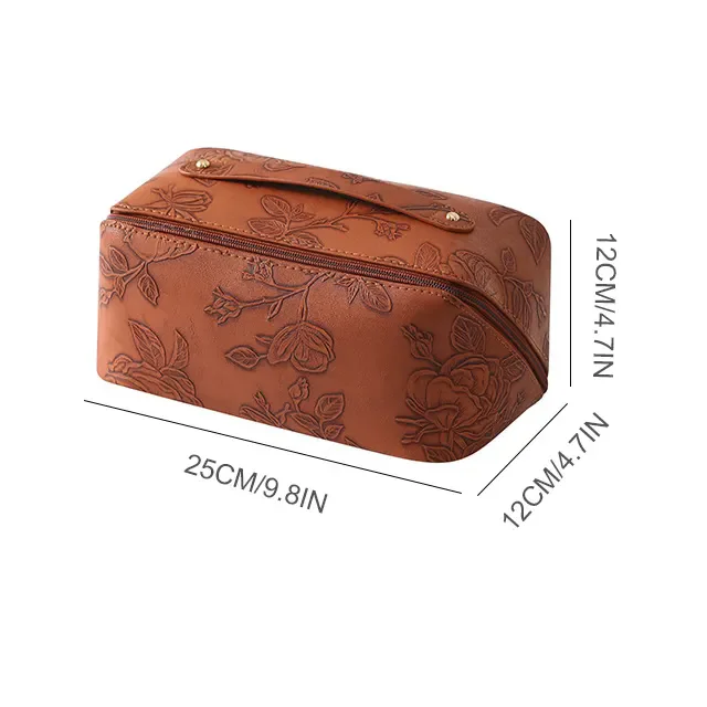Custom Famous Brand Flat Opening Vintage Stylish Makeup Pouch Soft Leather Travel Makeup Organizer Beauty Storage Bag