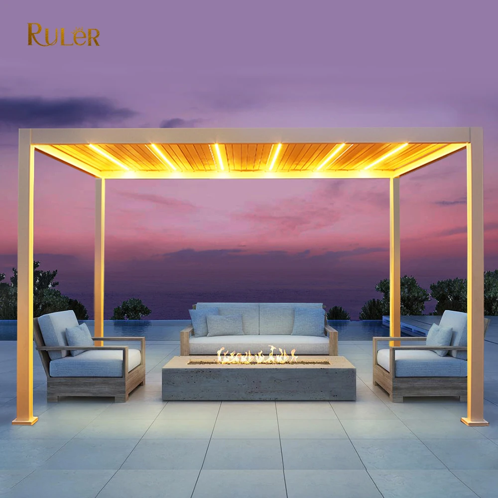  Factory wholesale 4 x 3m Aluminium Louvered Pergola Garden Patio Outdoor Awning with LED light Retractable
