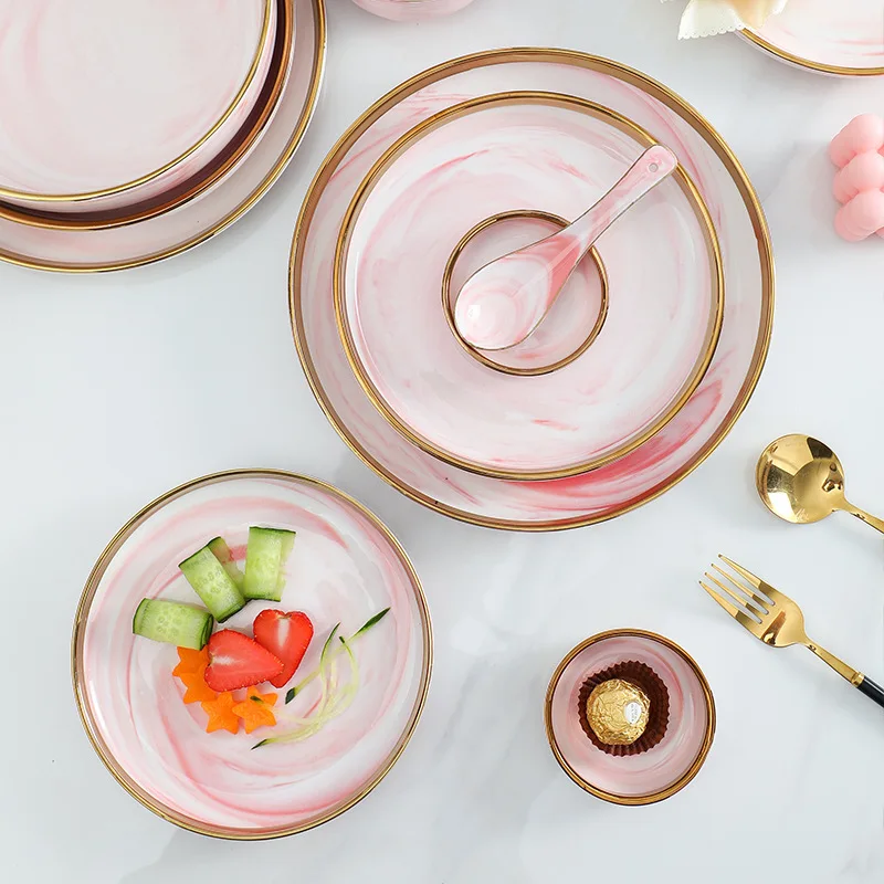 Wholesale ceramic pink marble design dinnerware sets luxury plates sets dinnerware
