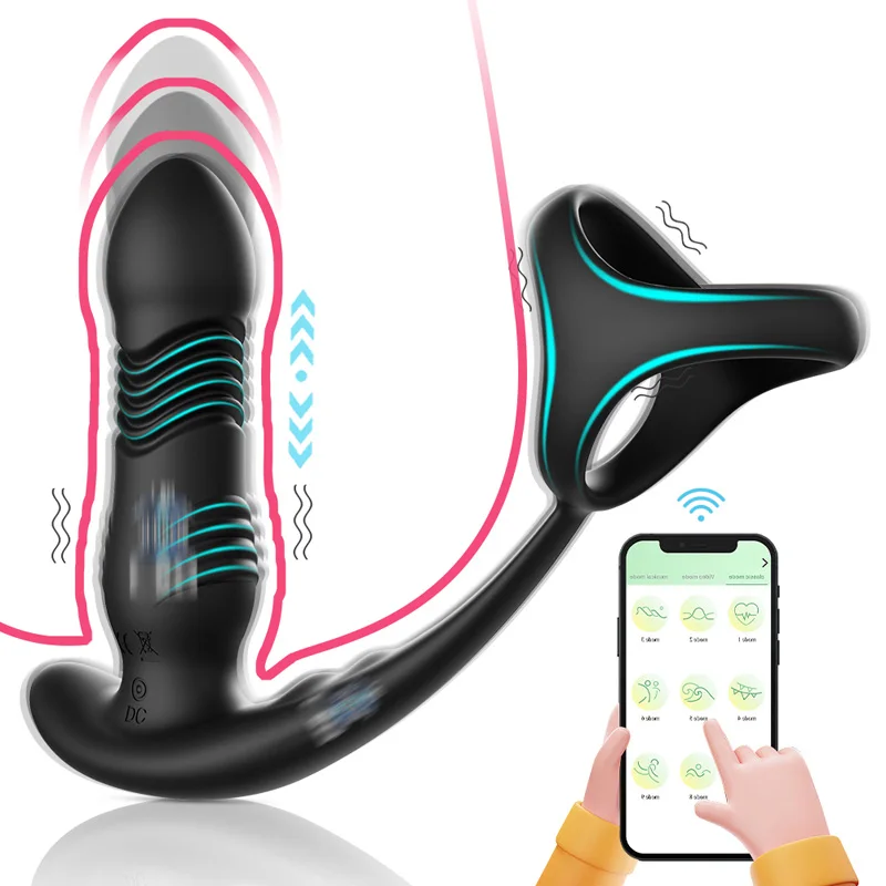 Remote control telescopic butt plug with cock ring penis delay ejaculation prostate massage vibrating dlido male anal vibrator