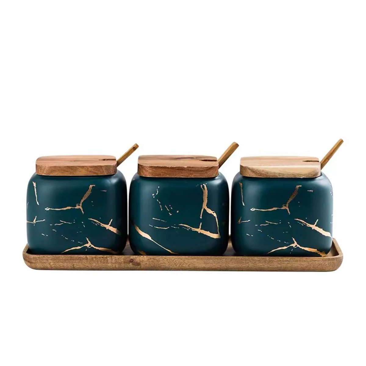 Custom nordic luxury marble ceramic kitchen salt sugar pepper seasoning jar spice jar set with wood lid and tray