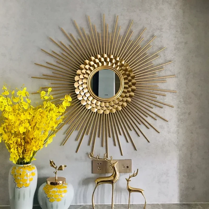 light luxury creative sun shape design metal wall hanging mirror for living room bedroom background wall decor mirror